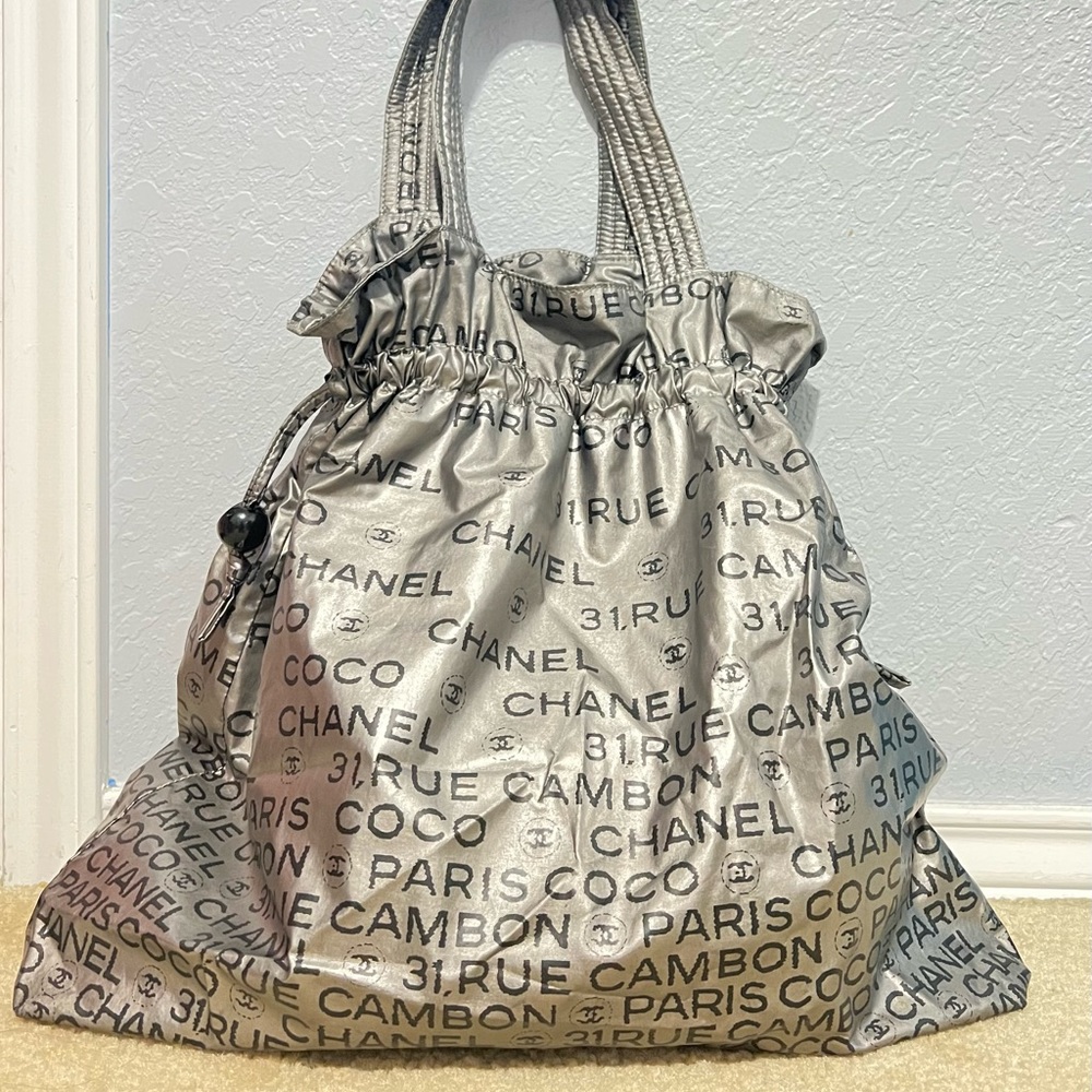 Authentic Chanel Tote Nylon Drawstring  Grey Silver Preowned